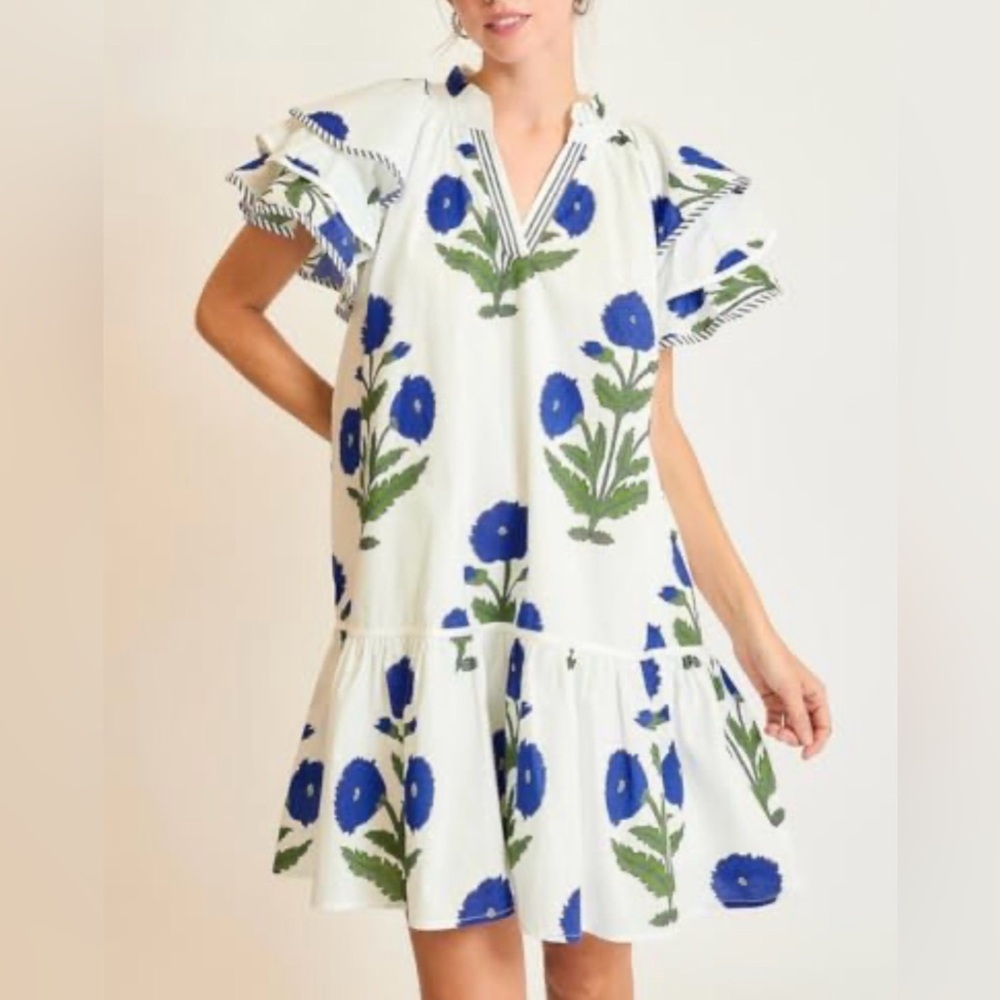 Umgee Floral Block Print Flutter Sleeve Mini Dress Size Medium